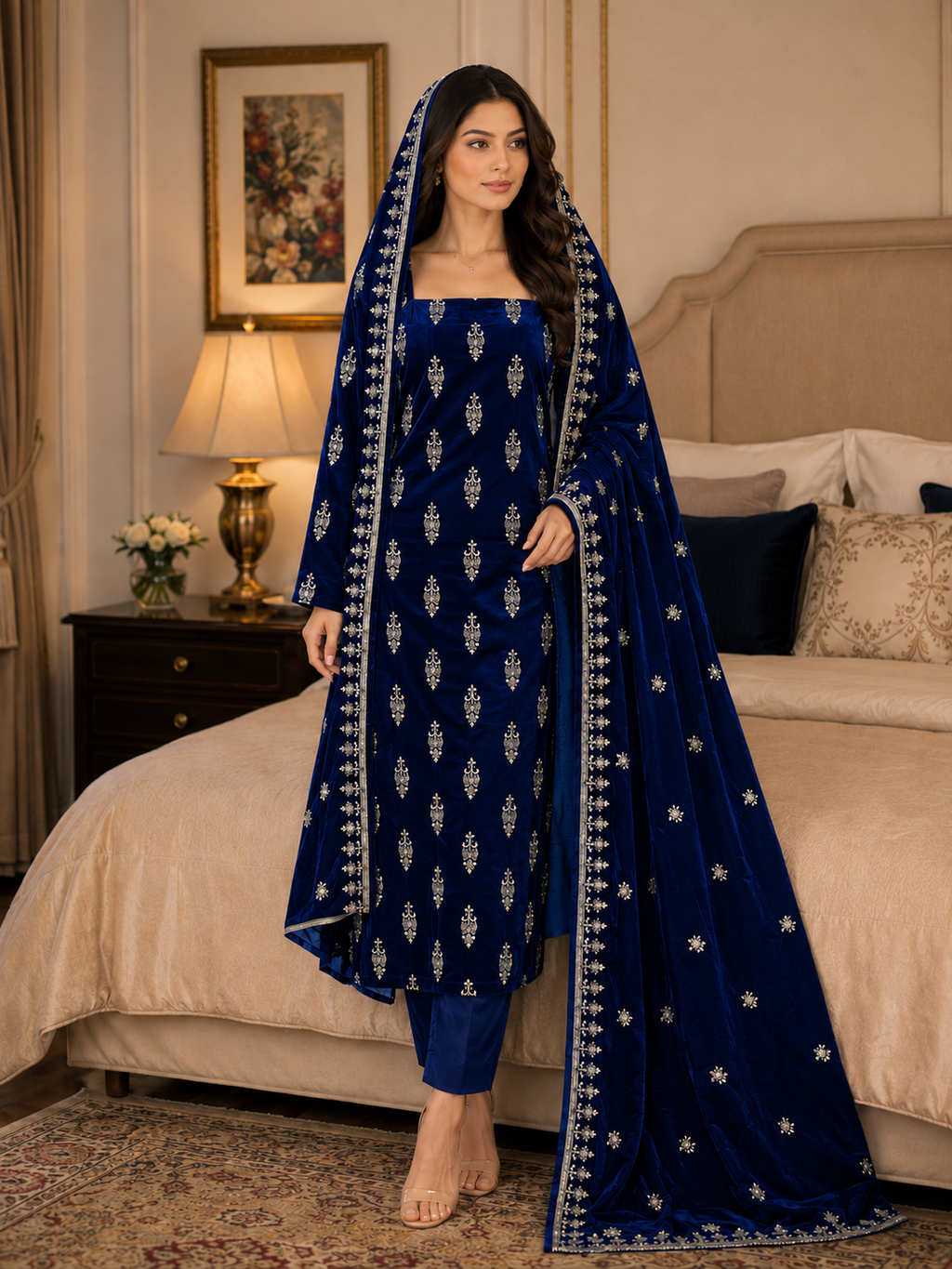 Premium 9000 China Imported Velvet – All Over Thread & Sequins 3 Piece Unstitched Suit