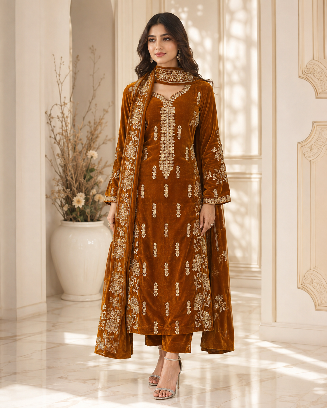 Premium 9000 China Imported Velvet – Cross Stitch Gala & Sequins 3 Piece Unstitched Suit