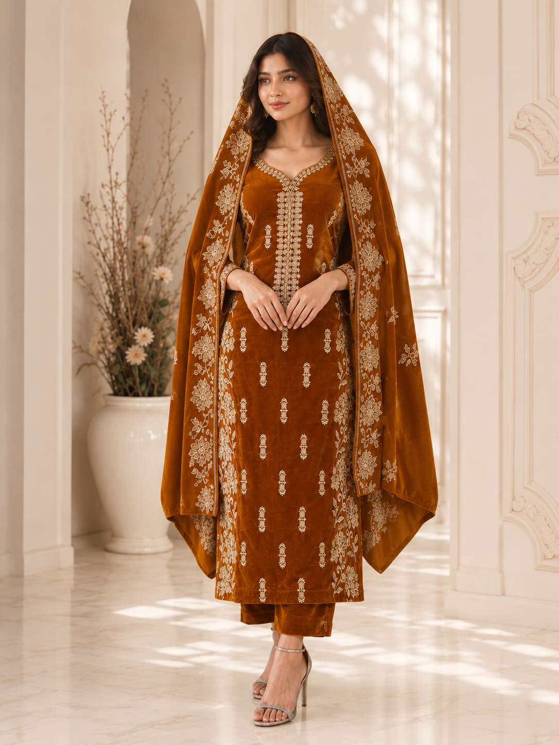 Premium 9000 China Imported Velvet – Cross Stitch Gala & Sequins 3 Piece Unstitched Suit