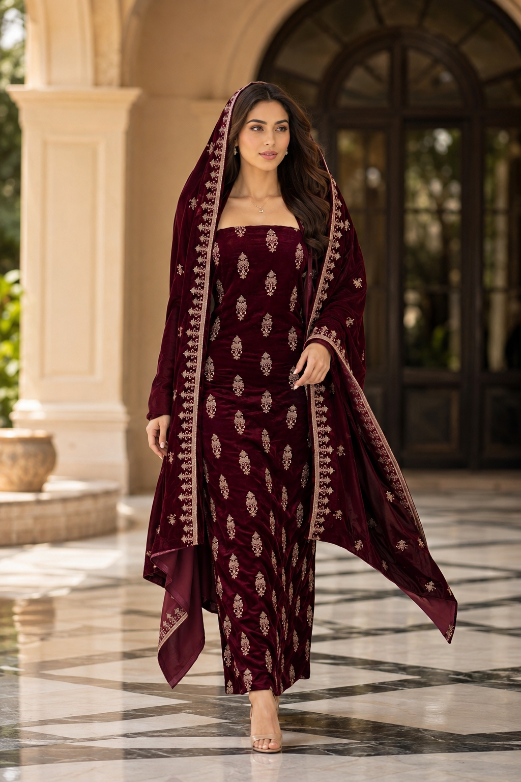 Premium 9000 China Imported Velvet – All Over Thread &amp; Sequins 3 Piece Unstitched Suit