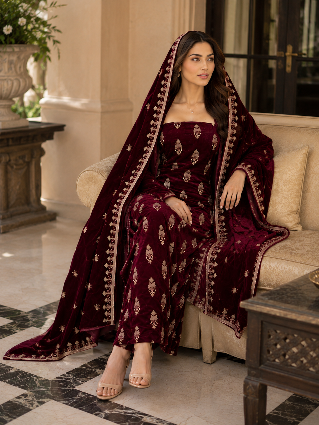 Premium 9000 China Imported Velvet – All Over Thread &amp; Sequins 3 Piece Unstitched Suit