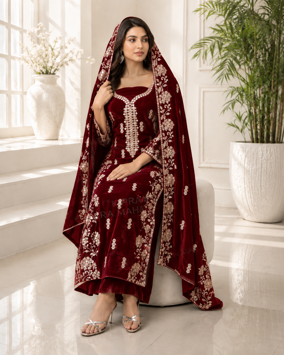 Premium 9000 China Imported Velvet – Cross Stitch Gala & Sequins 3 Piece Unstitched Suit