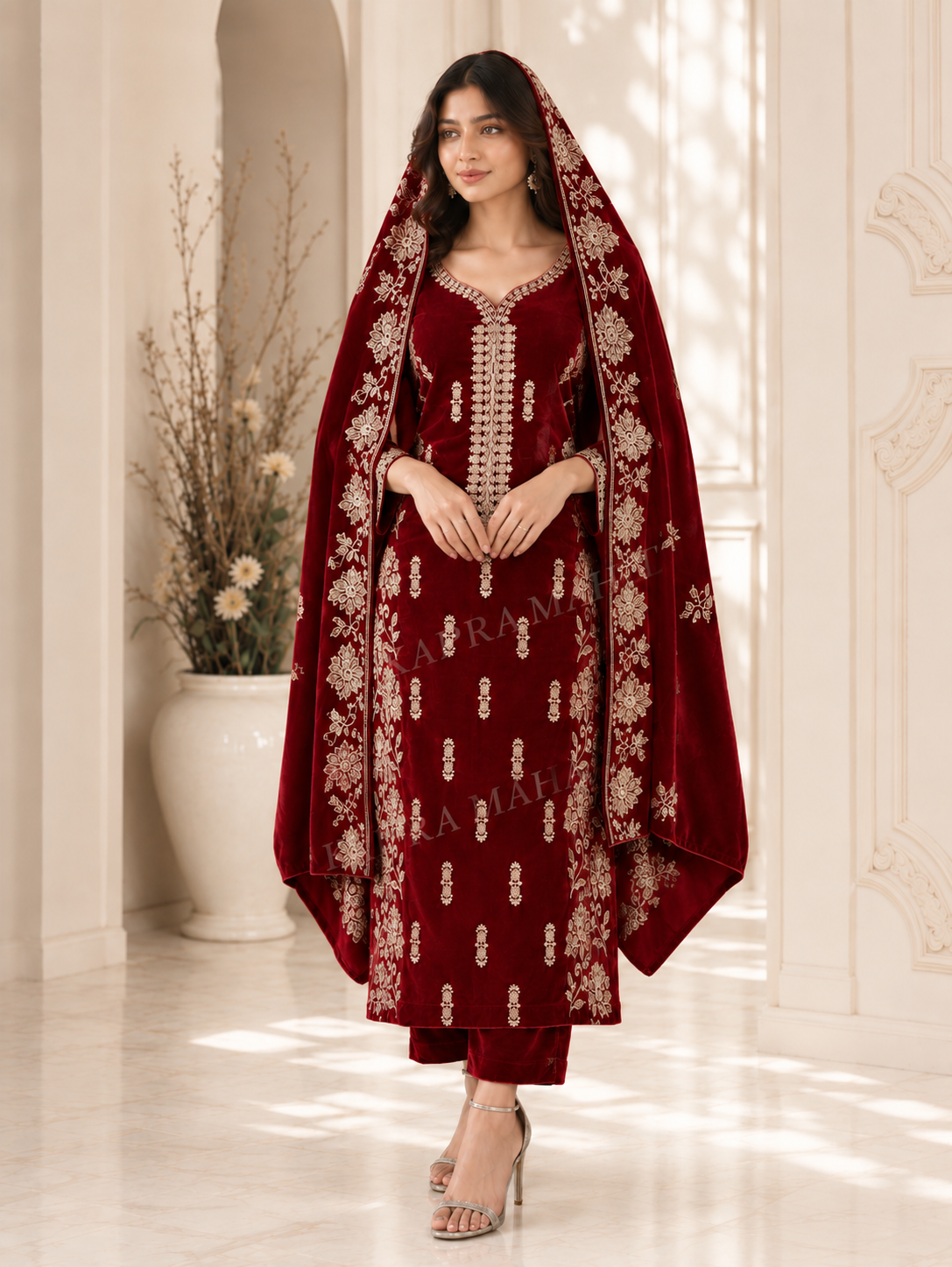 Premium 9000 China Imported Velvet – Cross Stitch Gala & Sequins 3 Piece Unstitched Suit