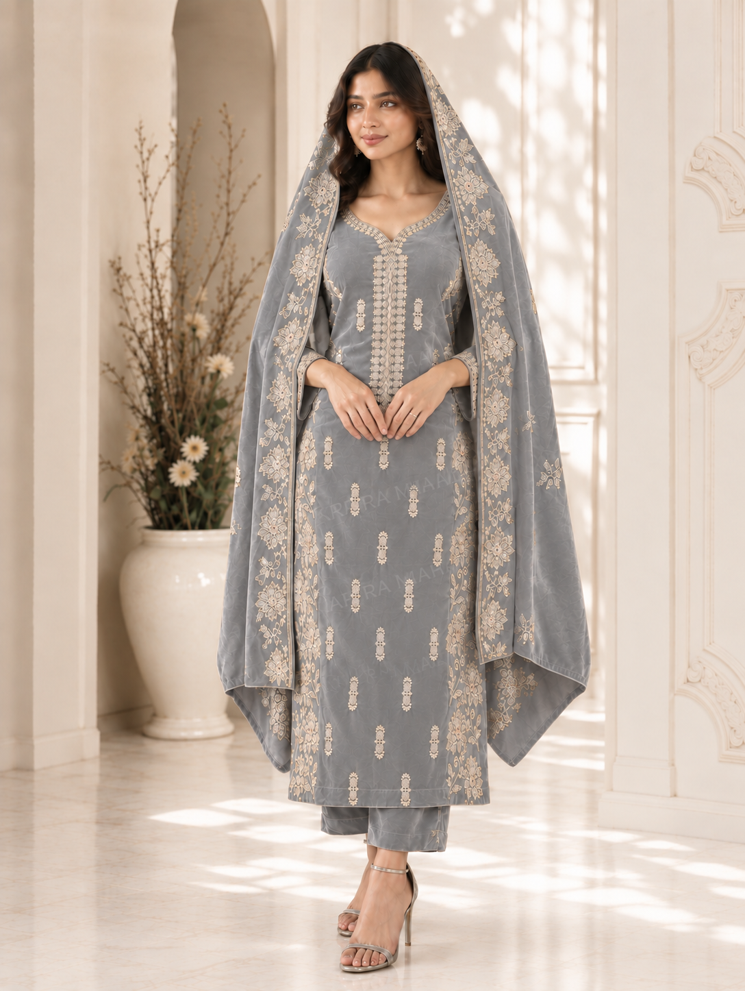 Premium 9000 China Imported Velvet – Cross Stitch Gala & Sequins 3 Piece Unstitched Suit