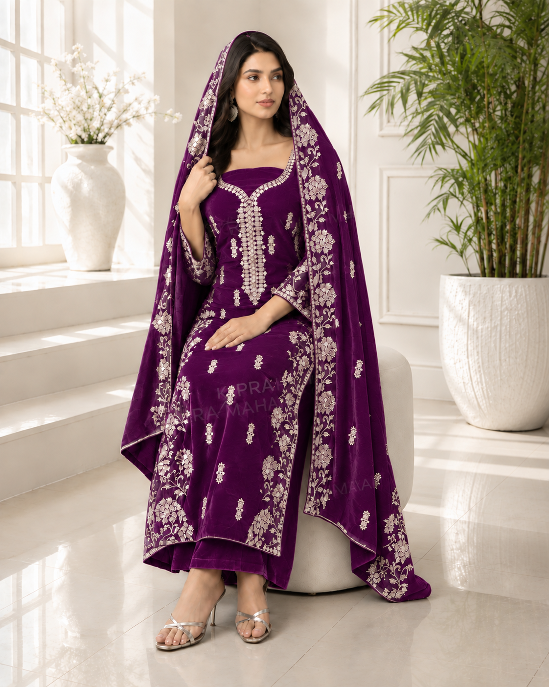 Premium 9000 China Imported Velvet – Cross Stitch Gala & Sequins 3 Piece Unstitched Suit
