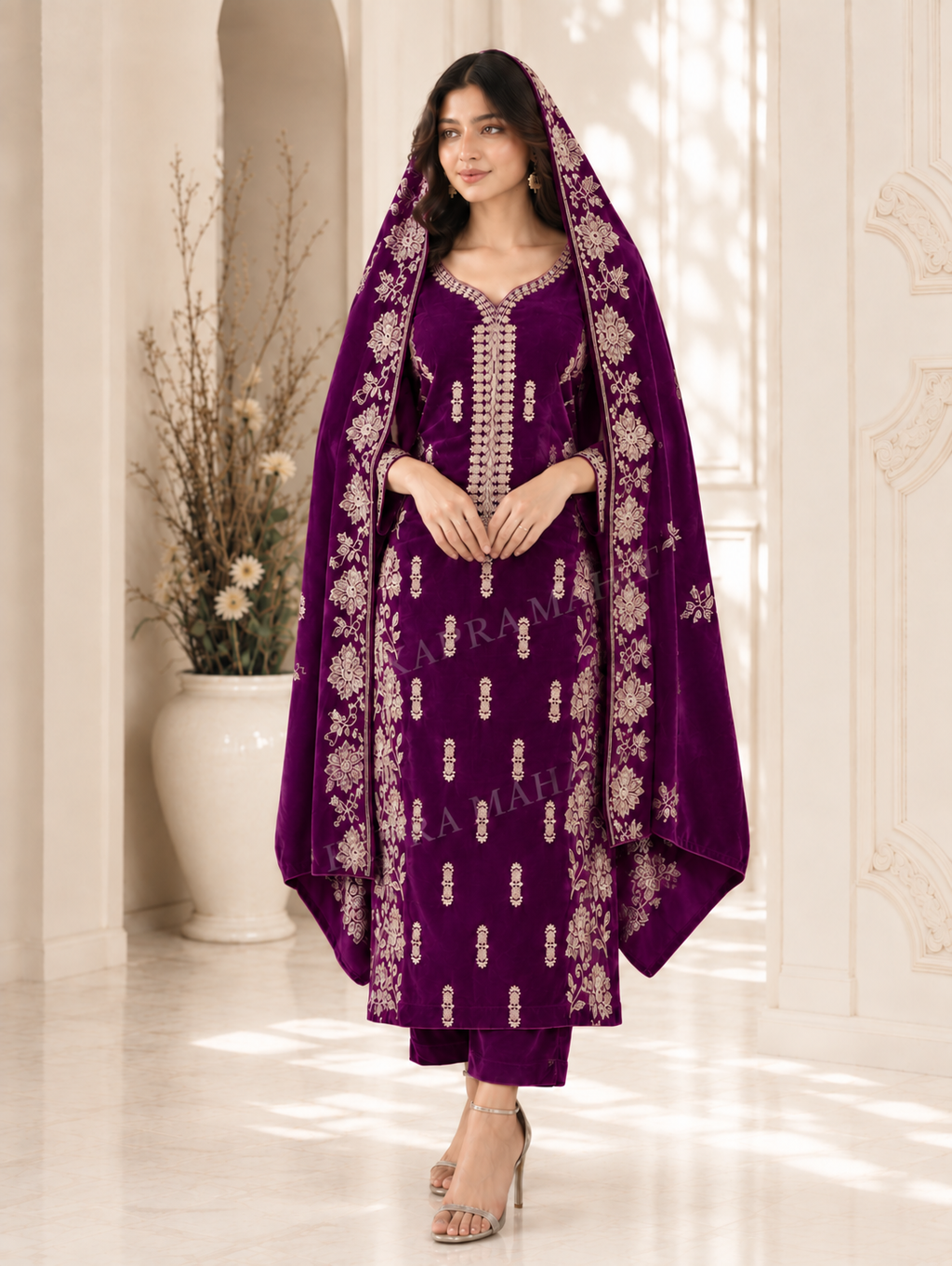 Premium 9000 China Imported Velvet – Cross Stitch Gala & Sequins 3 Piece Unstitched Suit
