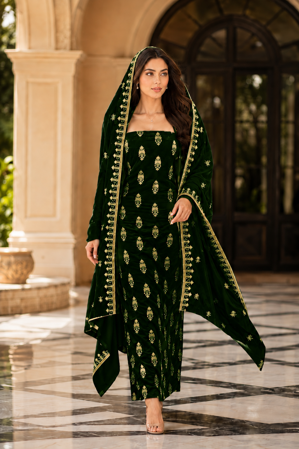Premium 9000 China Imported Velvet – All Over Thread & Sequins 3 Piece Unstitched Suit
