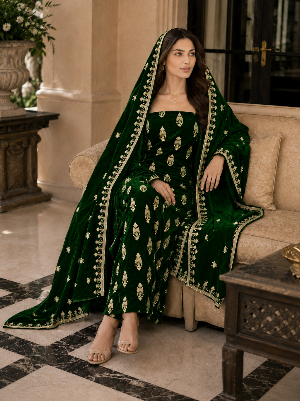 Premium 9000 China Imported Velvet – All Over Thread & Sequins 3 Piece Unstitched Suit