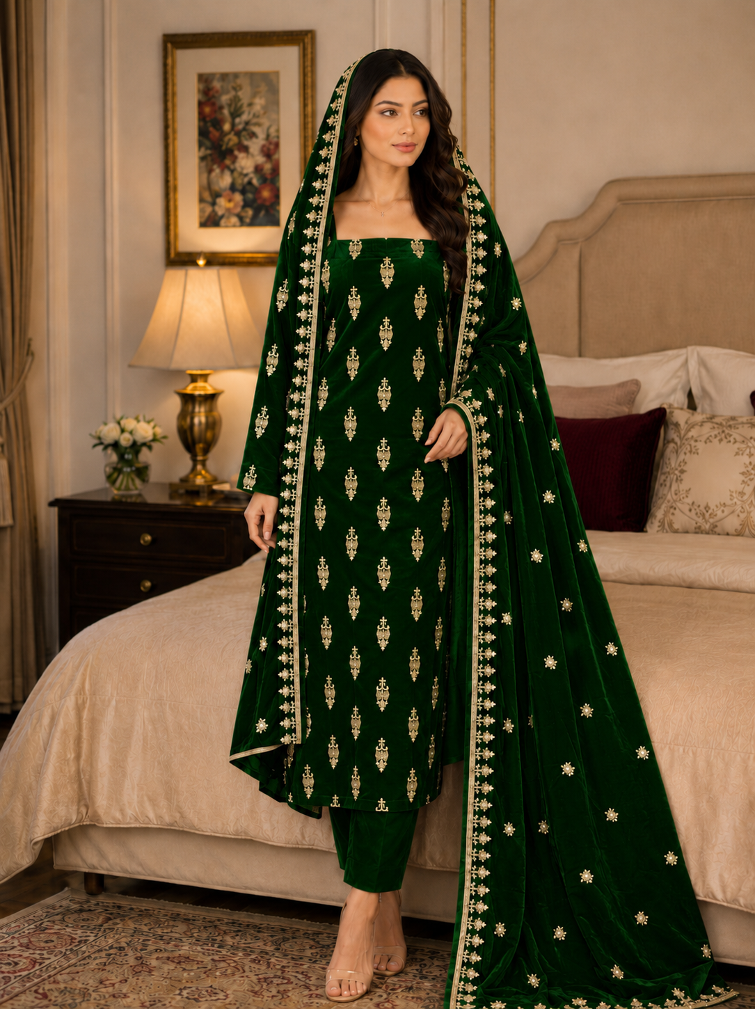 Premium 9000 China Imported Velvet – All Over Thread & Sequins 3 Piece Unstitched Suit