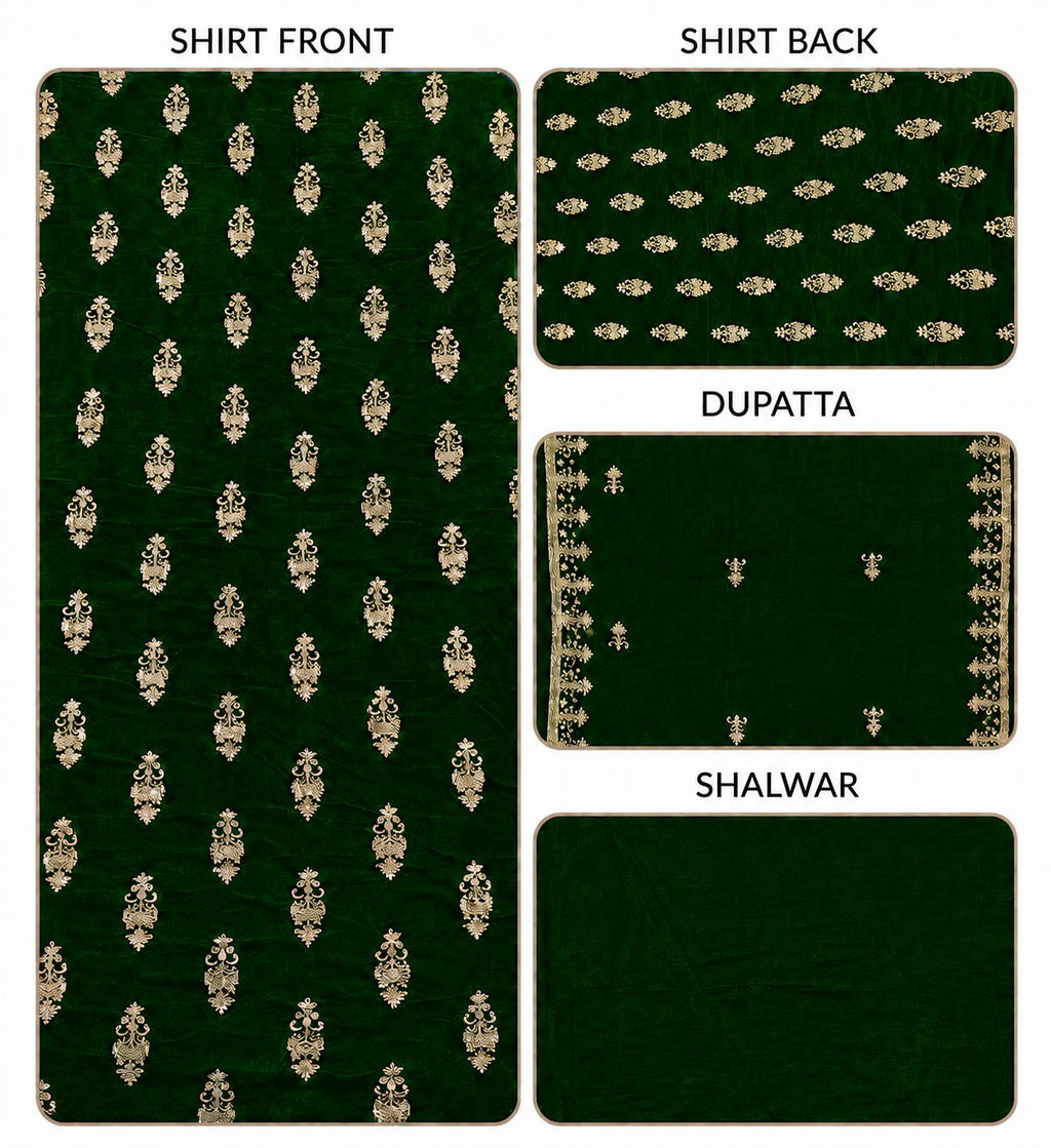 Premium 9000 China Imported Velvet – All Over Thread & Sequins 3 Piece Unstitched Suit
