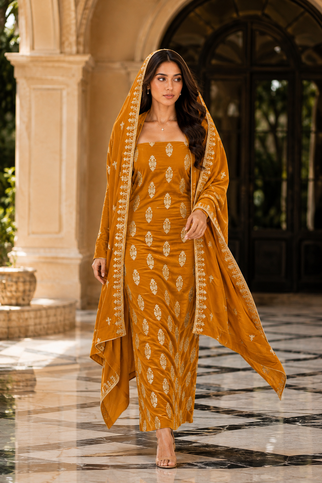 Premium 9000 China Imported Velvet – All Over Thread & Sequins 3 Piece Unstitched Suit