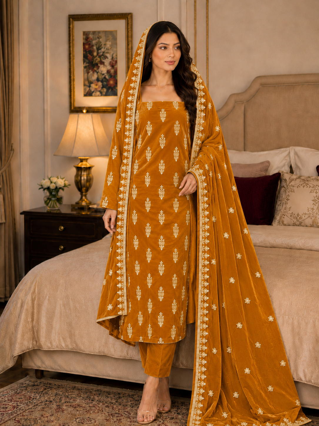 Premium 9000 China Imported Velvet – All Over Thread & Sequins 3 Piece Unstitched Suit