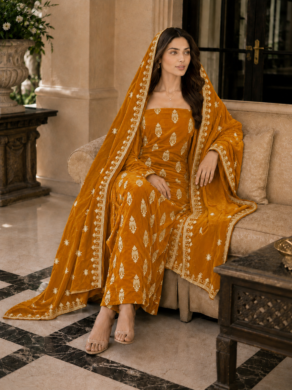 Premium 9000 China Imported Velvet – All Over Thread & Sequins 3 Piece Unstitched Suit
