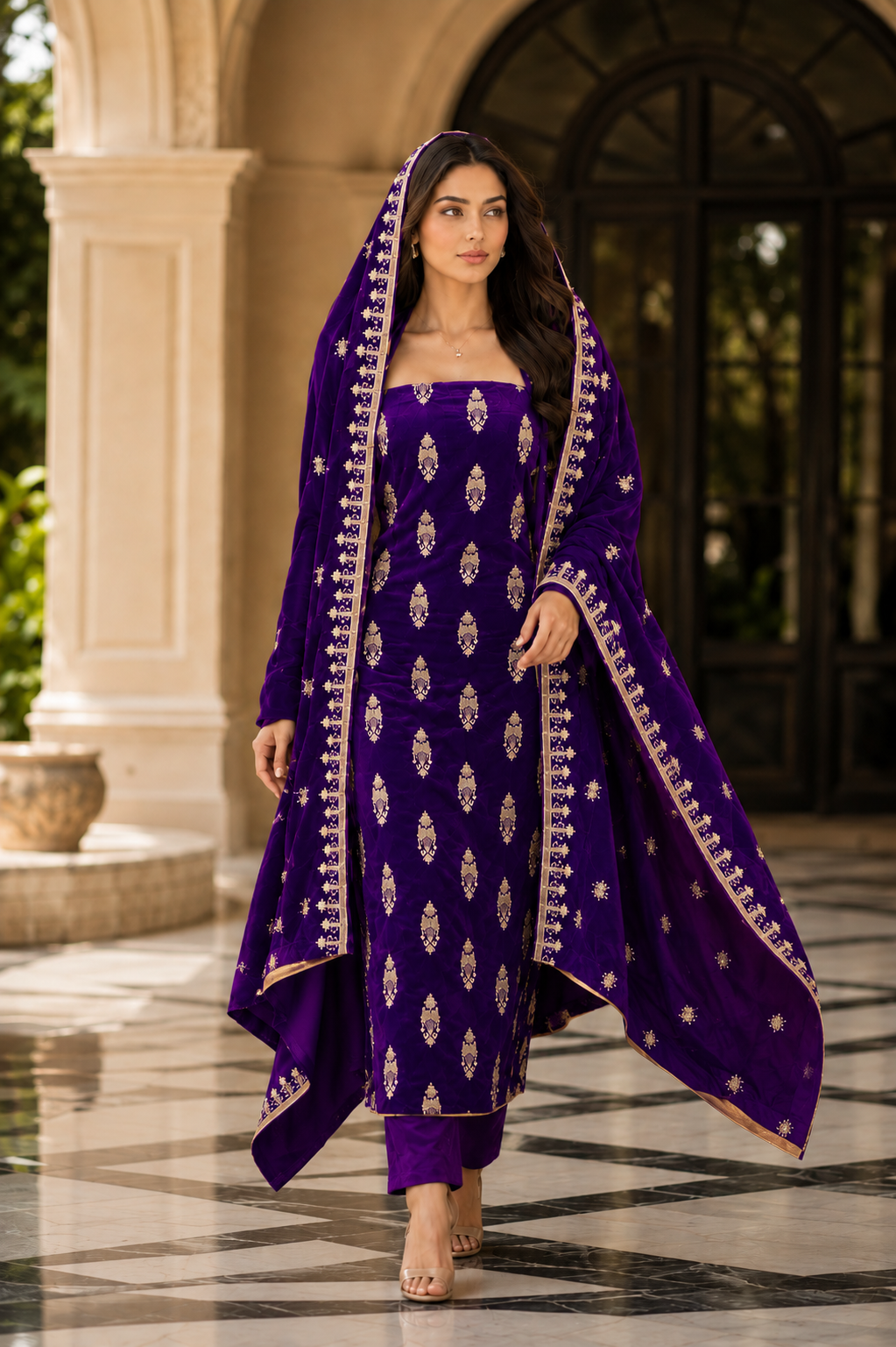 Premium 9000 China Imported Velvet – All Over Thread & Sequins 3 Piece Unstitched Suit