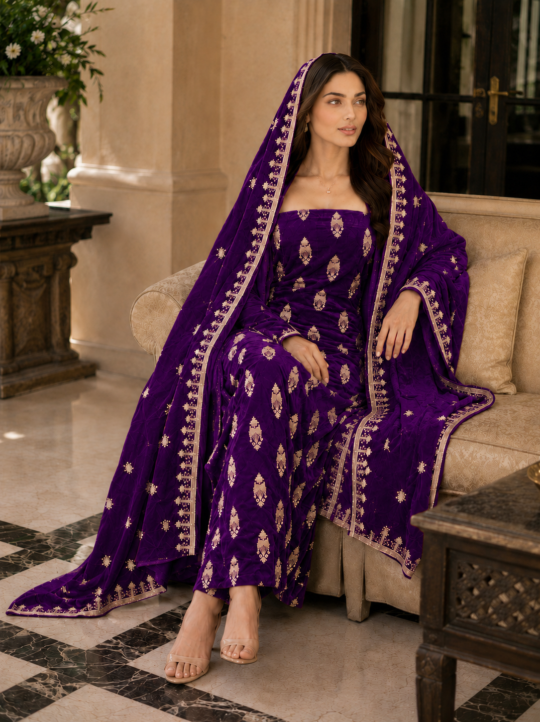 Premium 9000 China Imported Velvet – All Over Thread & Sequins 3 Piece Unstitched Suit