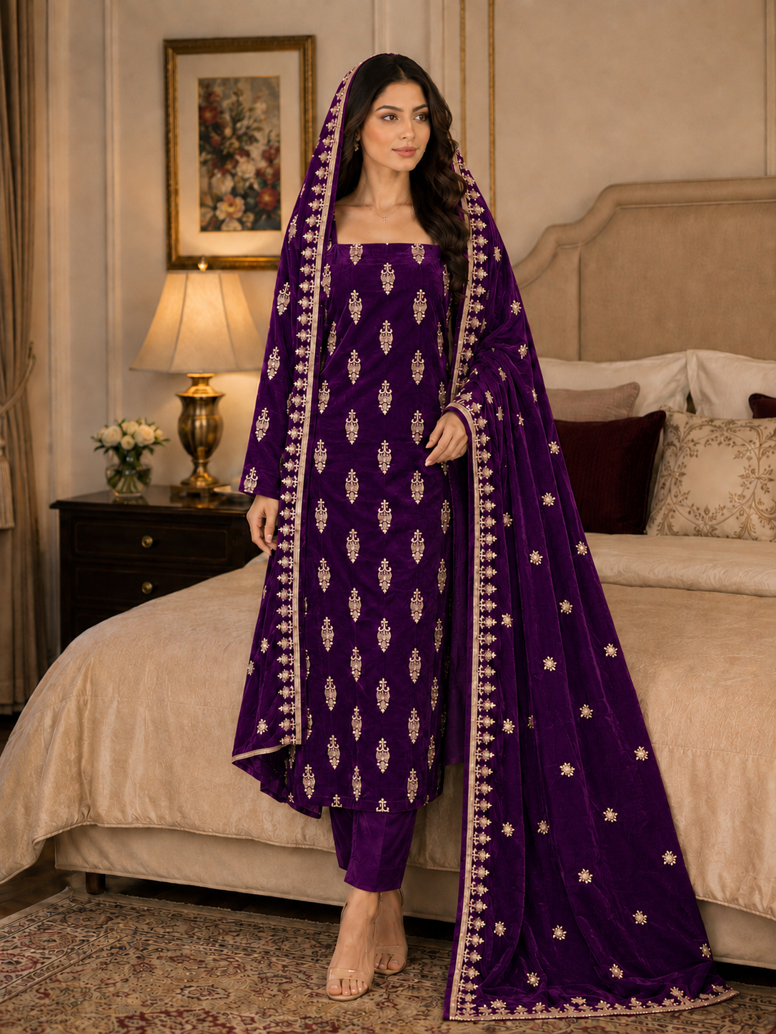 Premium 9000 China Imported Velvet – All Over Thread & Sequins 3 Piece Unstitched Suit