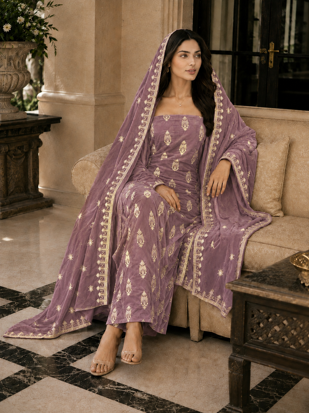 Premium 9000 China Imported Velvet – All Over Thread & Sequins 3 Piece Unstitched Suit
