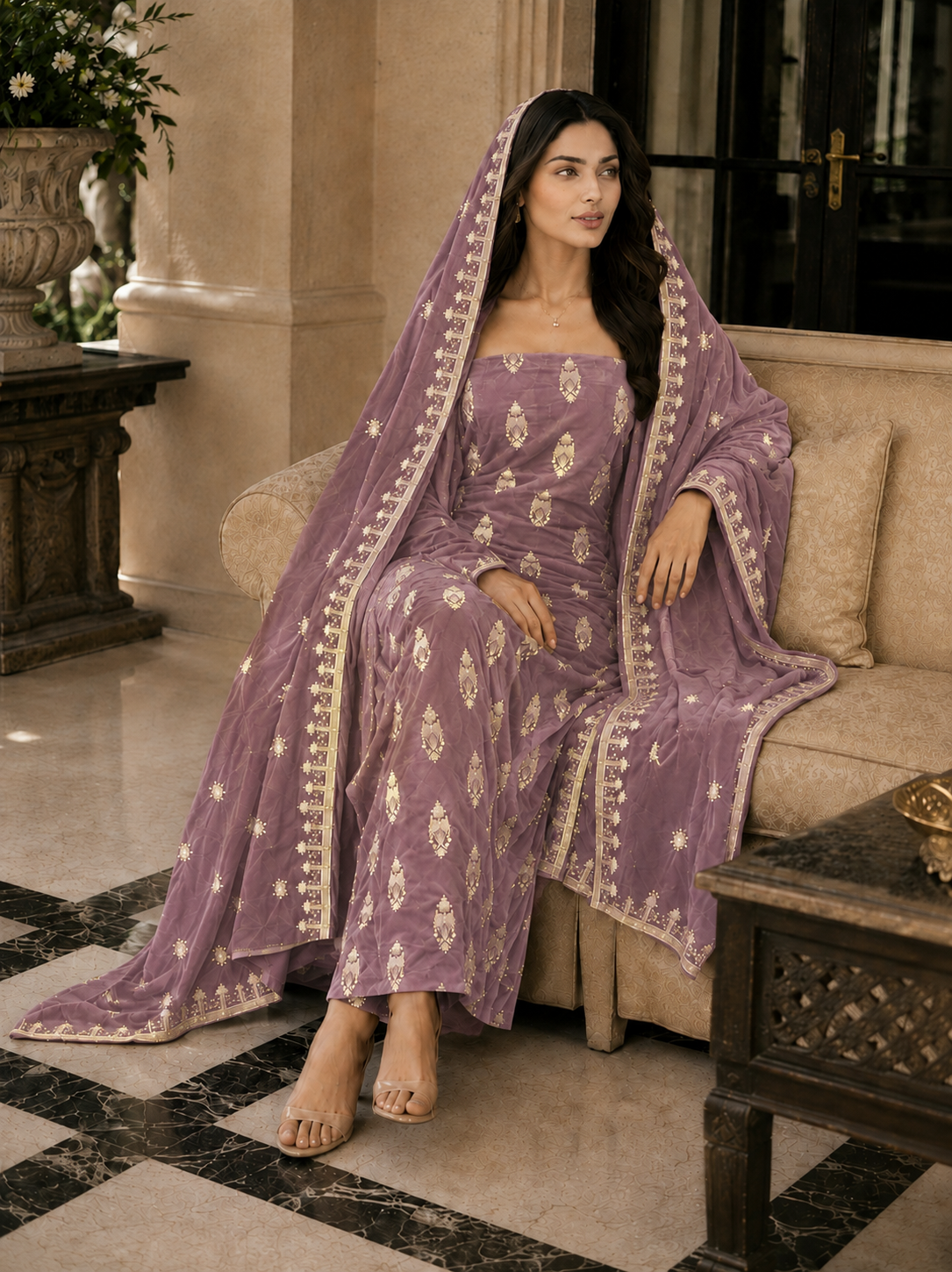 Premium 9000 China Imported Velvet – All Over Thread & Sequins 3 Piece Unstitched Suit