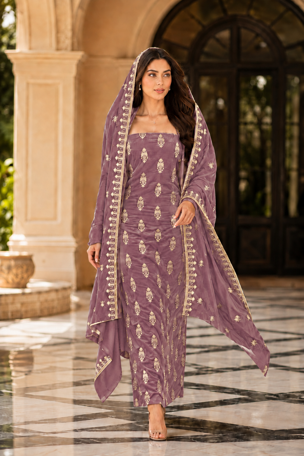 Premium 9000 China Imported Velvet – All Over Thread & Sequins 3 Piece Unstitched Suit
