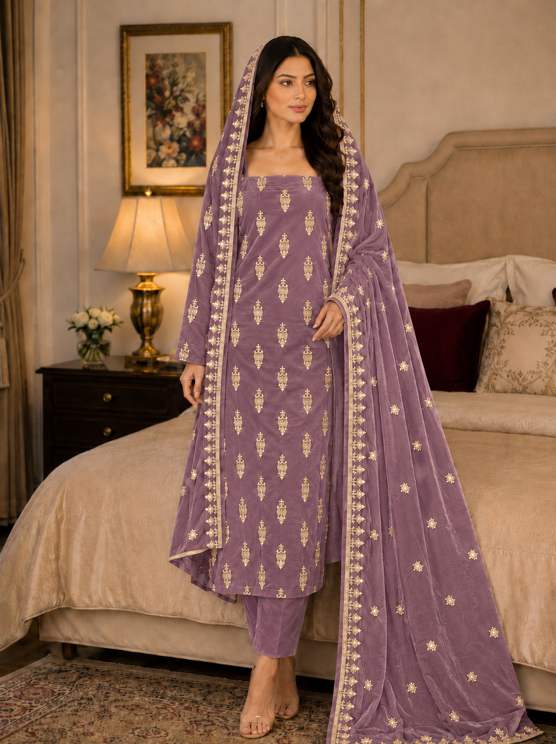 Premium 9000 China Imported Velvet – All Over Thread & Sequins 3 Piece Unstitched Suit