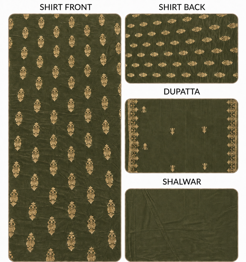 Premium 9000 China Imported Velvet – All Over Thread & Sequins 3 Piece Unstitched Suit