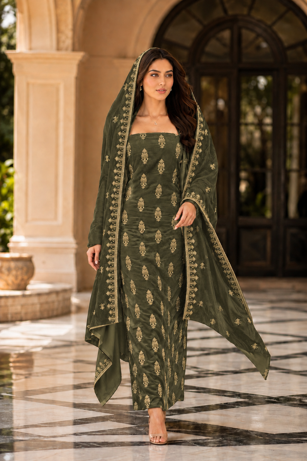 Premium 9000 China Imported Velvet – All Over Thread & Sequins 3 Piece Unstitched Suit