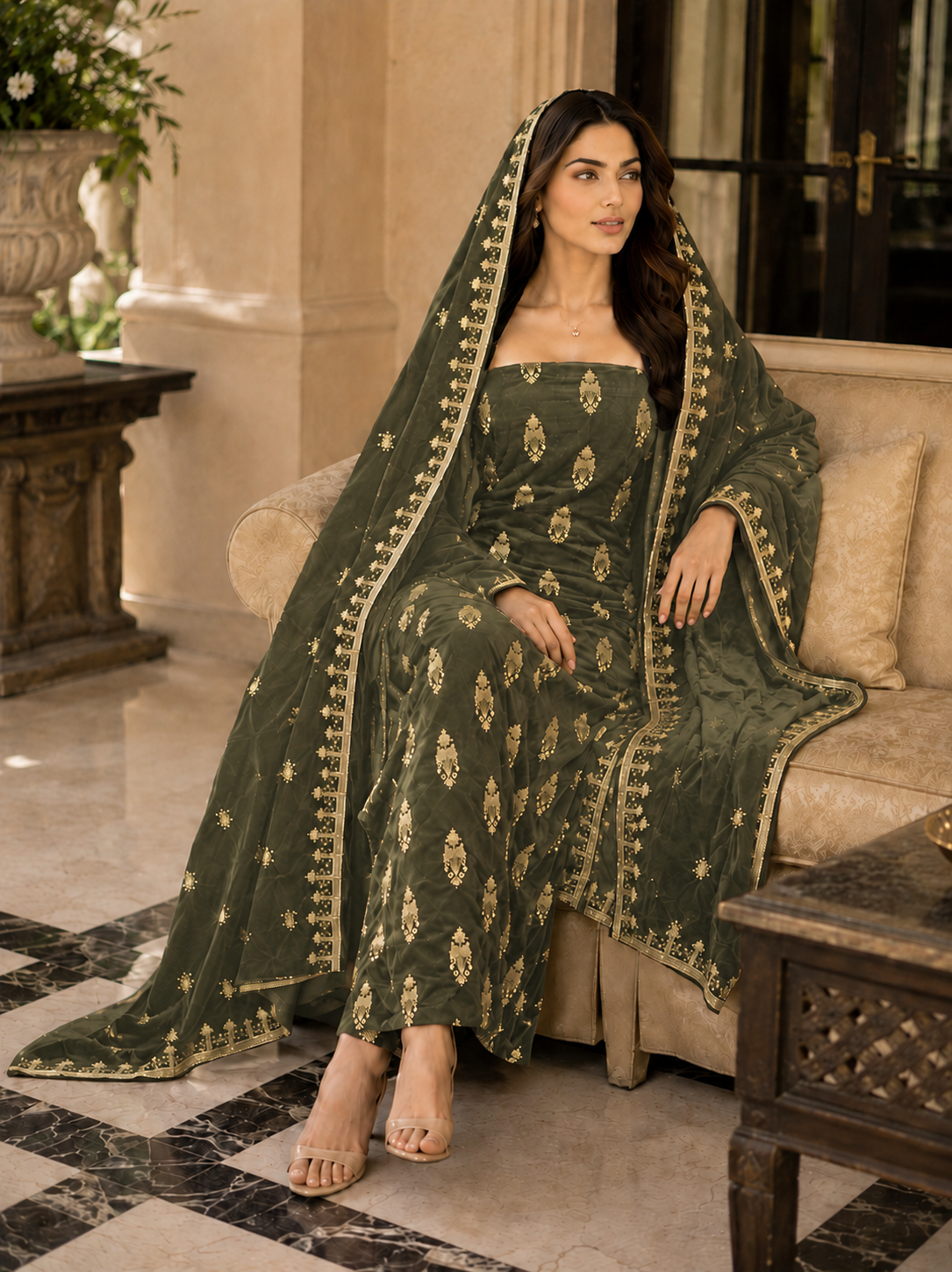Premium 9000 China Imported Velvet – All Over Thread & Sequins 3 Piece Unstitched Suit