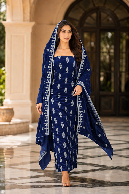 Premium 9000 China Imported Velvet – All Over Thread & Sequins 3 Piece Unstitched Suit