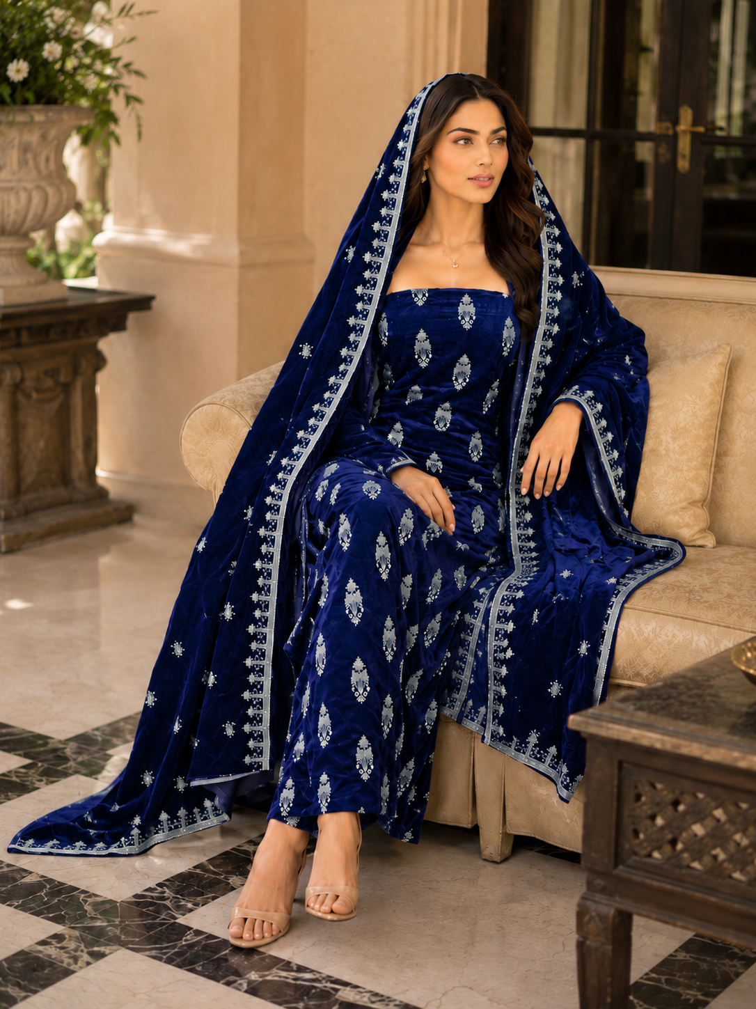 Premium 9000 China Imported Velvet – All Over Thread & Sequins 3 Piece Unstitched Suit