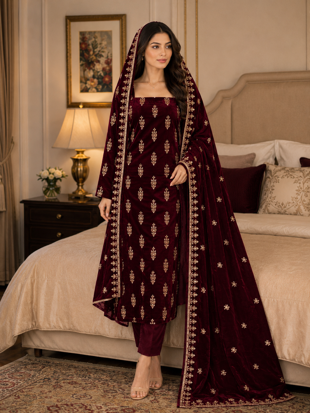 Premium 9000 China Imported Velvet – All Over Thread &amp; Sequins 3 Piece Unstitched Suit