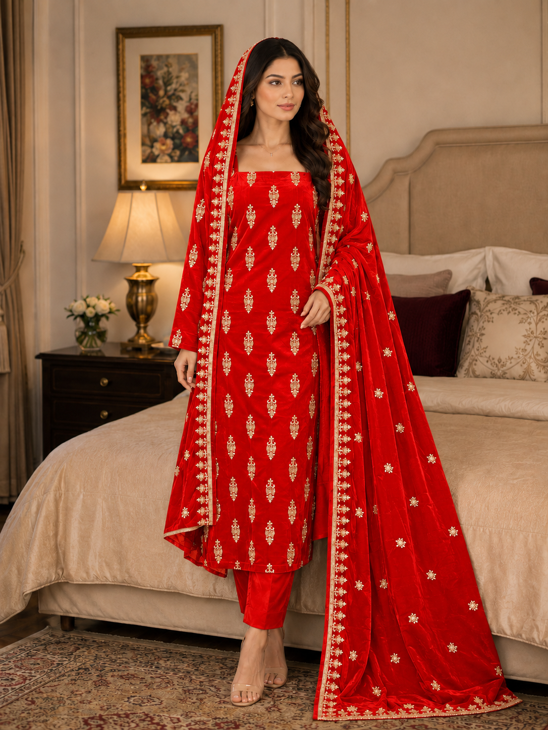 Premium 9000 China Imported Velvet – All Over Thread & Sequins 3 Piece Unstitched Suit