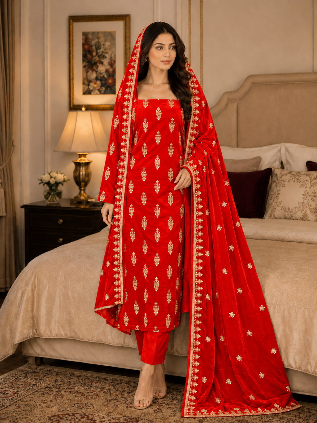 Premium 9000 China Imported Velvet – All Over Thread & Sequins 3 Piece Unstitched Suit