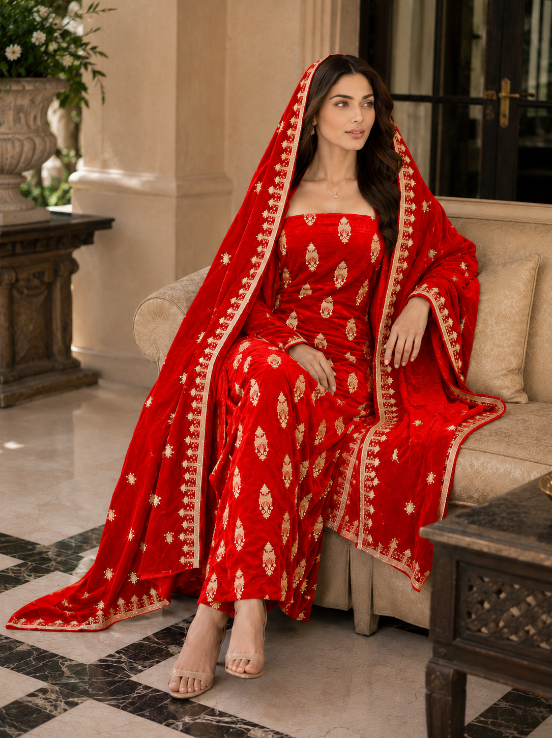 Premium 9000 China Imported Velvet – All Over Thread & Sequins 3 Piece Unstitched Suit