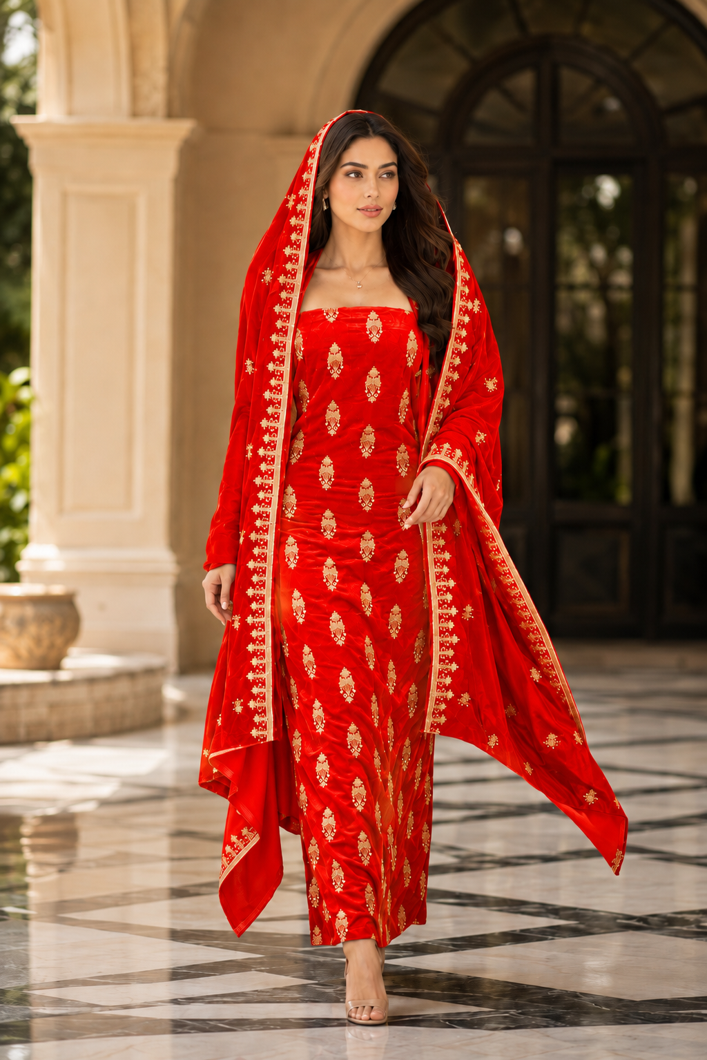 Premium 9000 China Imported Velvet – All Over Thread & Sequins 3 Piece Unstitched Suit