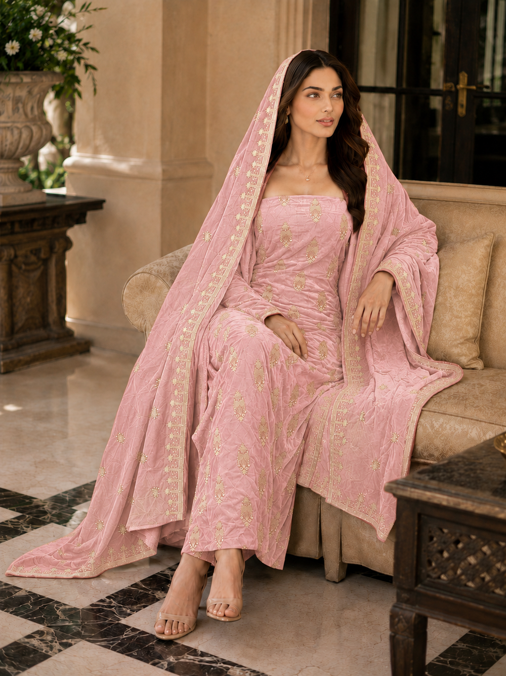 Premium 9000 China Imported Velvet – All Over Thread & Sequins 3 Piece Unstitched Suit