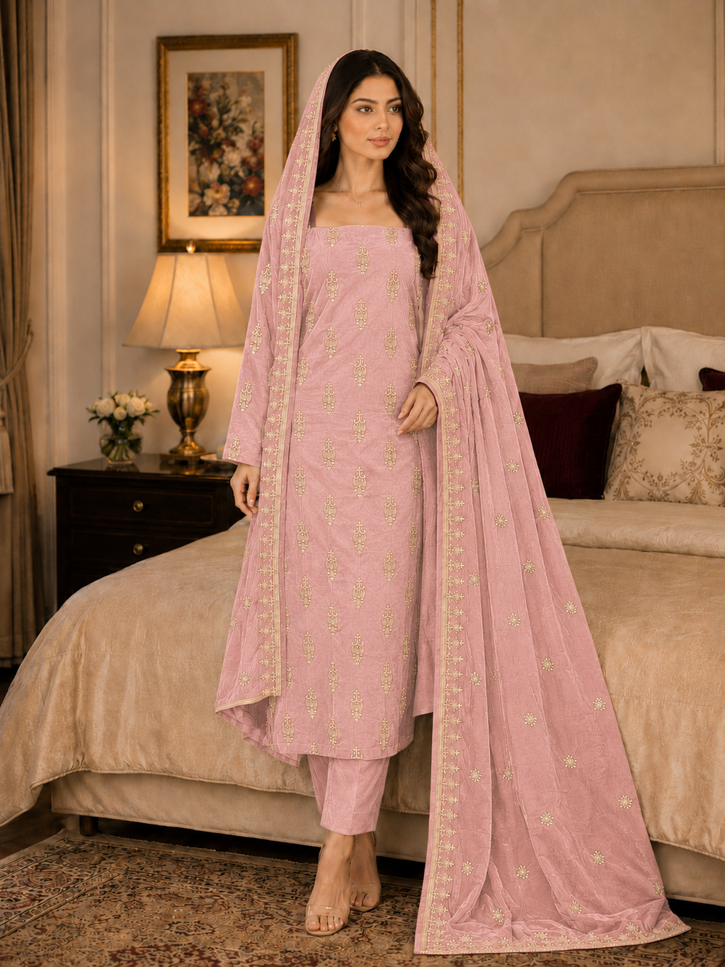 Premium 9000 China Imported Velvet – All Over Thread & Sequins 3 Piece Unstitched Suit