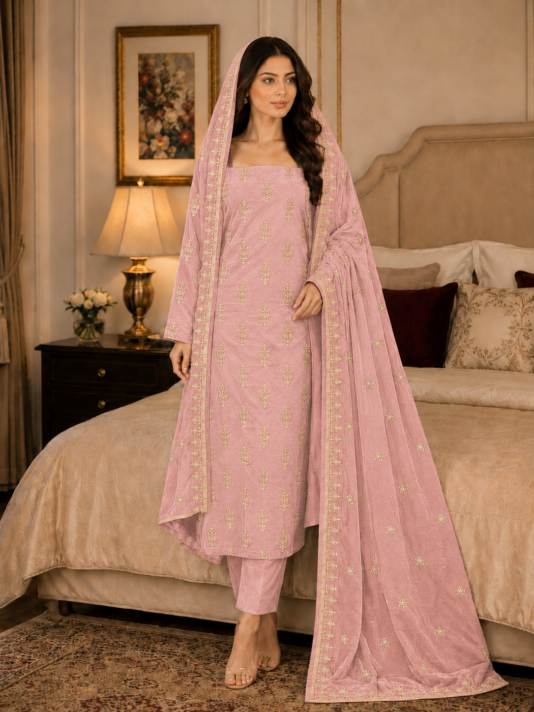 Premium 9000 China Imported Velvet – All Over Thread & Sequins 3 Piece Unstitched Suit