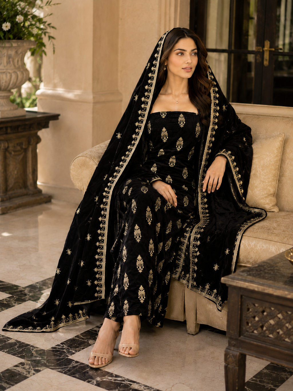 Premium 9000 China Imported Velvet – All Over Thread &amp; Sequins 3 Piece Unstitched Suit