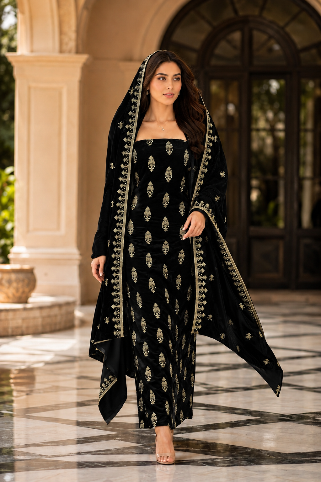 Premium 9000 China Imported Velvet – All Over Thread &amp; Sequins 3 Piece Unstitched Suit