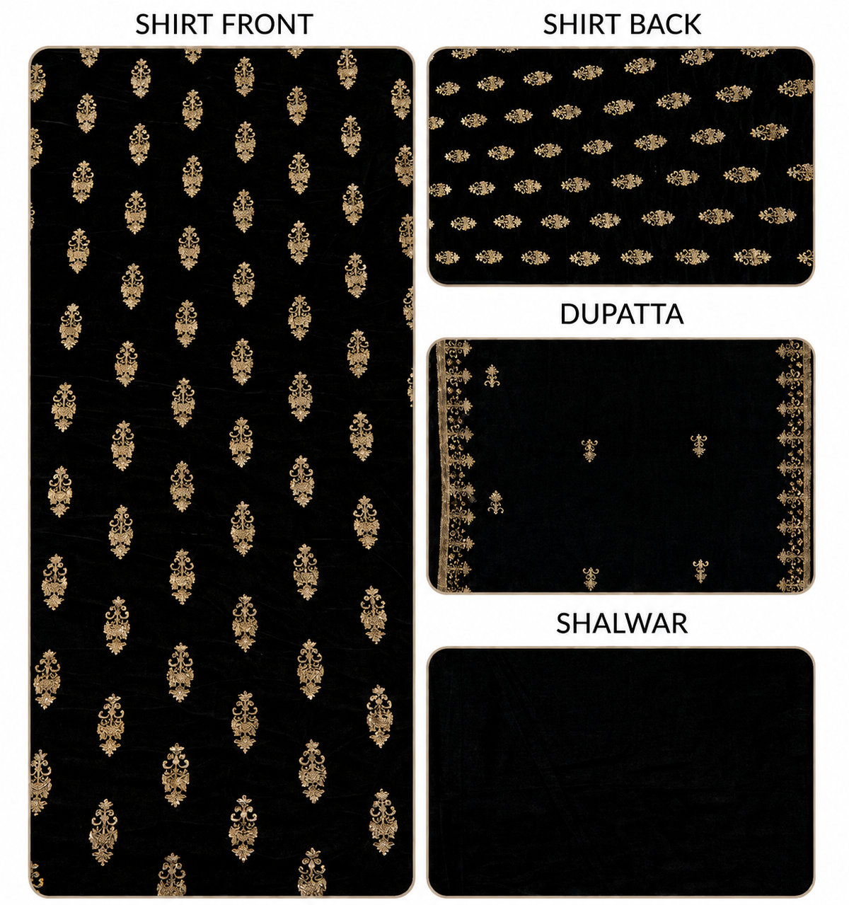 Premium 9000 China Imported Velvet – All Over Thread &amp; Sequins 3 Piece Unstitched Suit