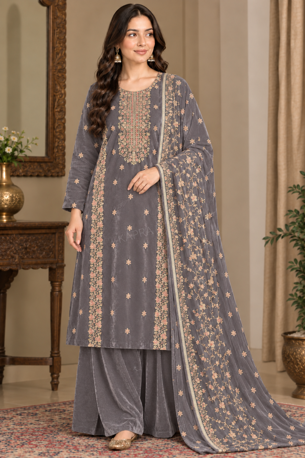 Premium 9000 China Imported Velvet – Royal Gala & Sequins 3 Piece Unstitched Suit