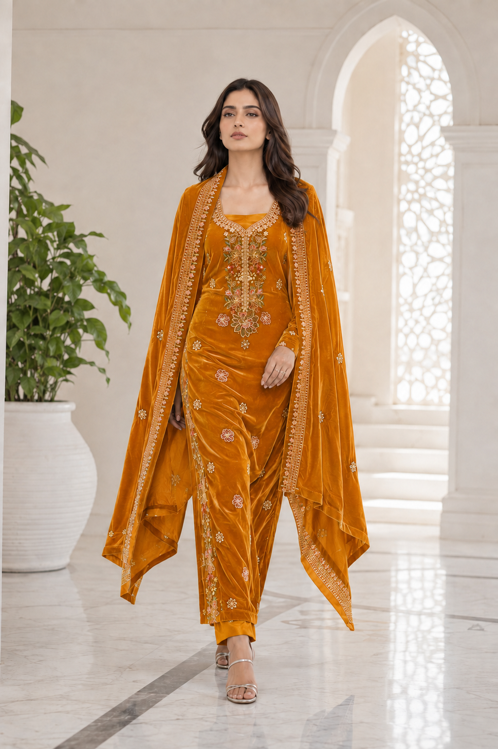 Premium 9000 China Imported Velvet – Multi gala  Thread & Sequins 3 Piece Unstitched Suit