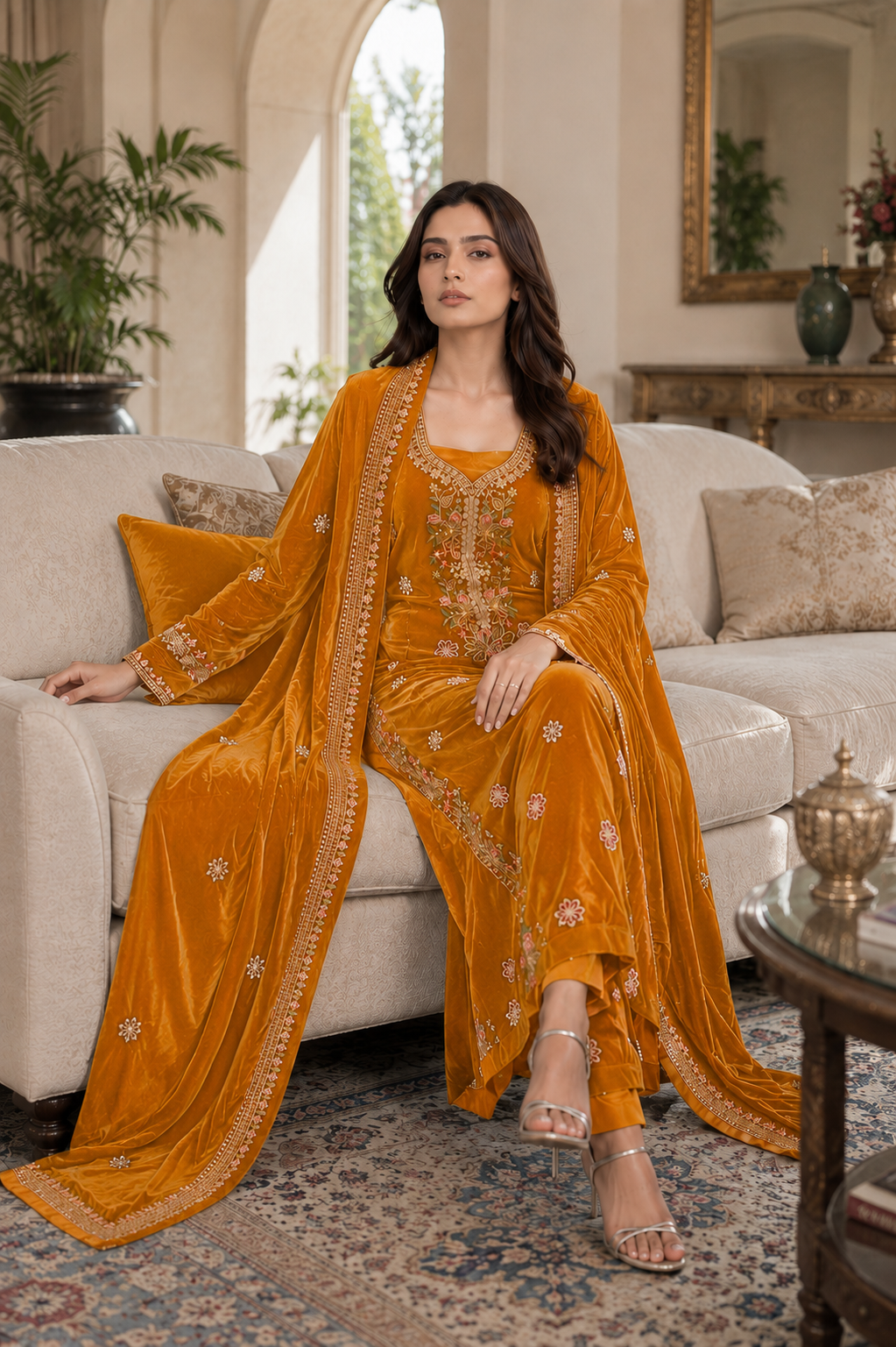 Premium 9000 China Imported Velvet – Multi gala  Thread & Sequins 3 Piece Unstitched Suit