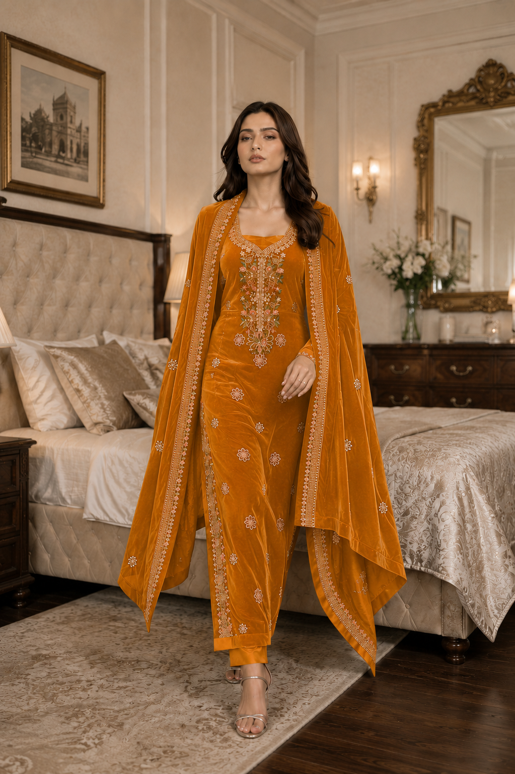 Premium 9000 China Imported Velvet – Multi gala  Thread & Sequins 3 Piece Unstitched Suit
