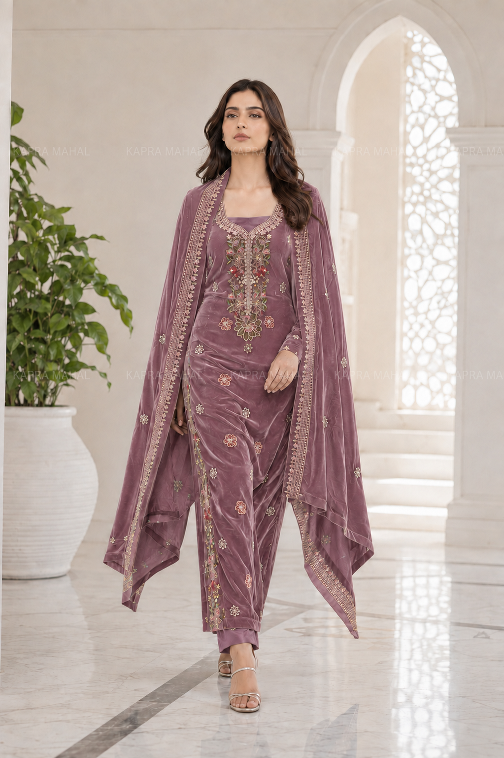 Premium 9000 China Imported Velvet – Multi gala Thread & Sequins 3 Piece Unstitched Suit