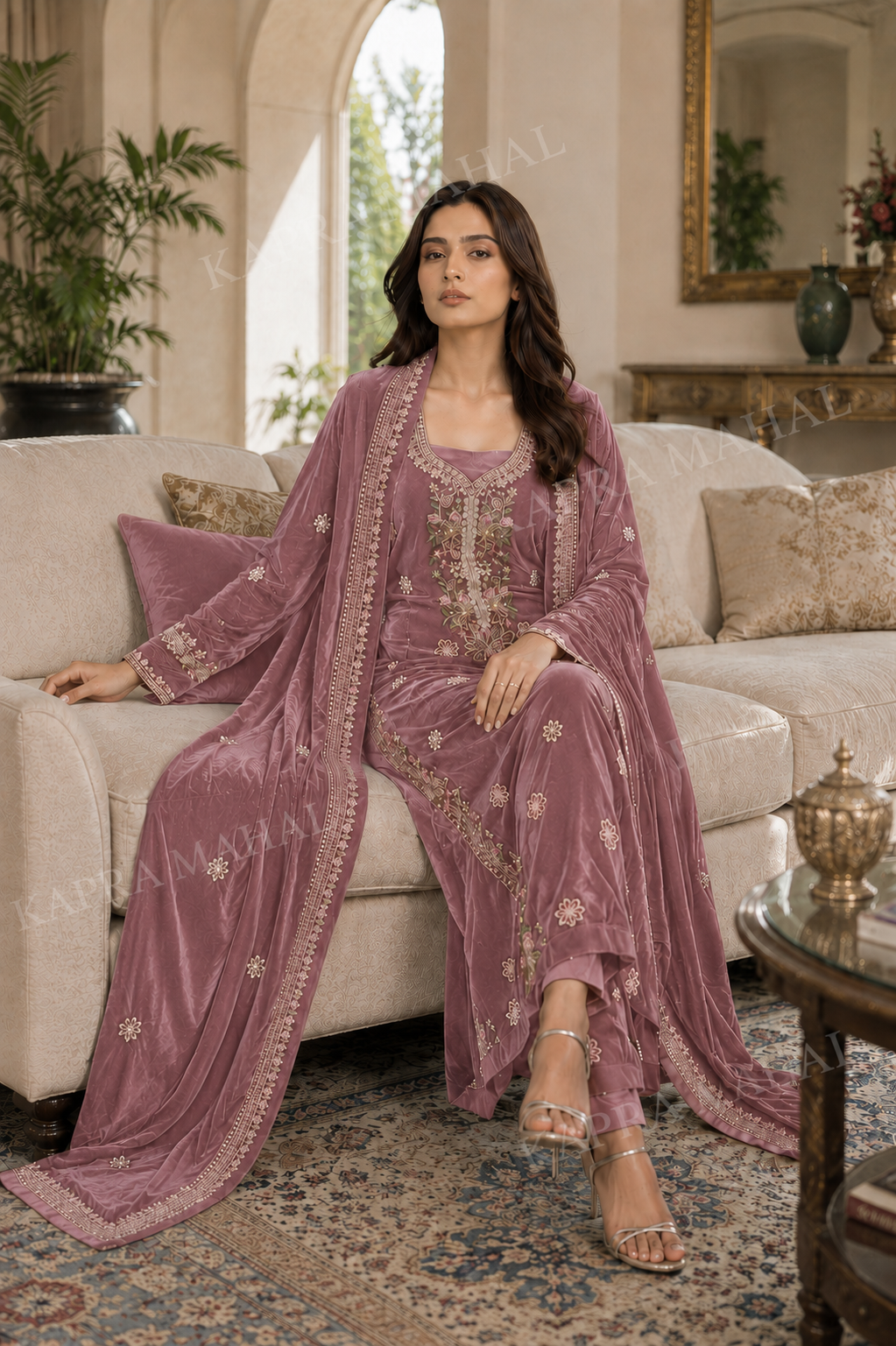 Premium 9000 China Imported Velvet – Multi gala Thread & Sequins 3 Piece Unstitched Suit