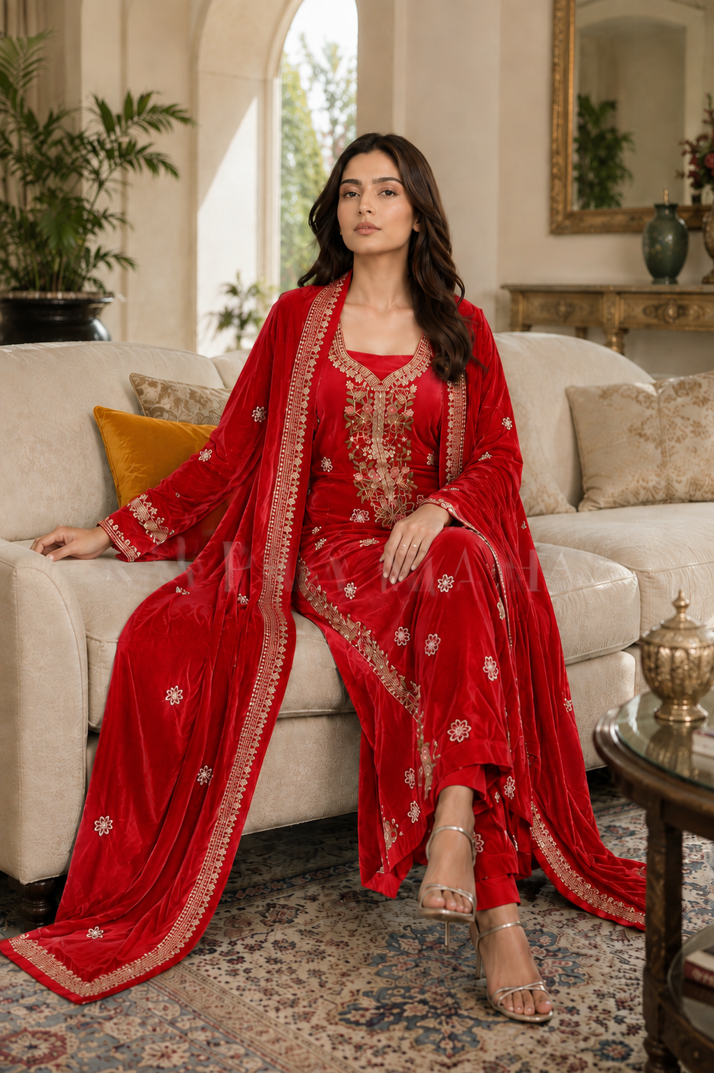 Premium 9000 China Imported Velvet – Multi gala Thread & Sequins 3 Piece Unstitched Suit