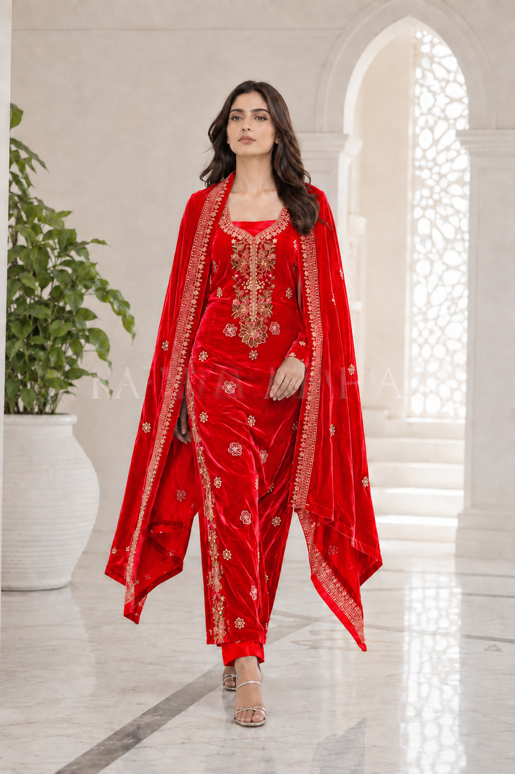 Premium 9000 China Imported Velvet – Multi gala Thread & Sequins 3 Piece Unstitched Suit