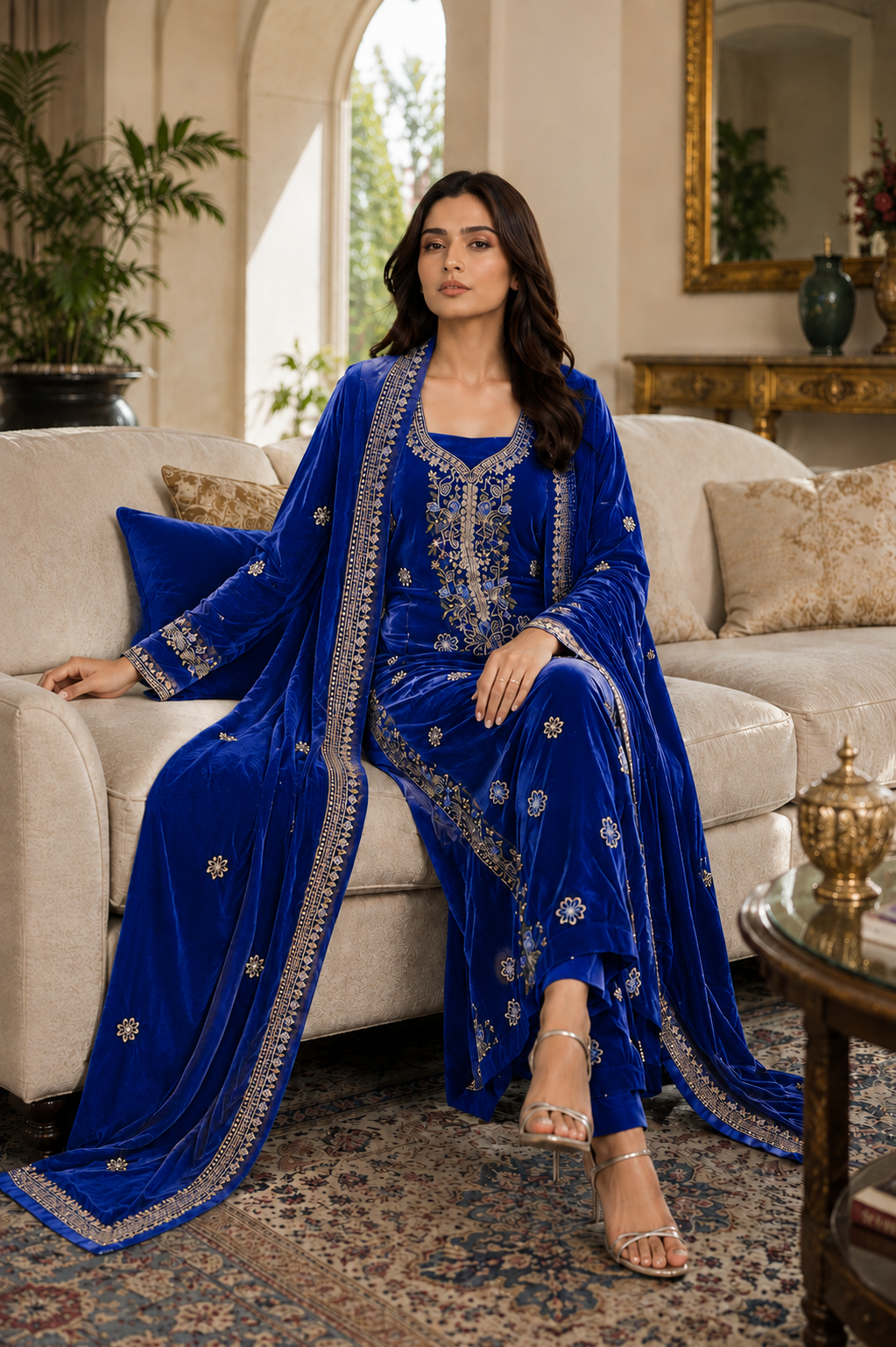 Premium 9000 China Imported Velvet – Multi gala Thread & Sequins 3 Piece Unstitched Suit