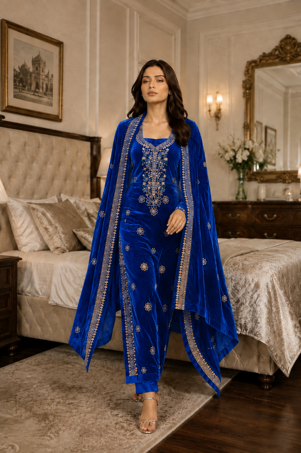 Premium 9000 China Imported Velvet – Multi gala Thread & Sequins 3 Piece Unstitched Suit